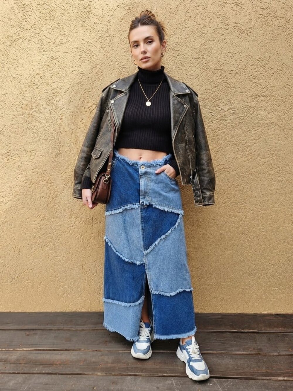 Sunshine Apparel Y2K Patchwork Denim Maxi Skirt 7/8 Y2K Grunge Zip Front Pockets